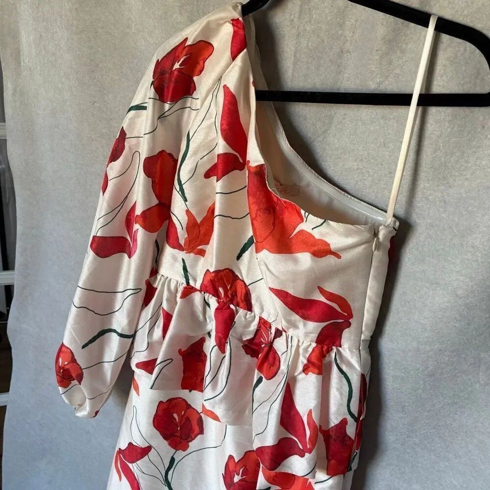 Anthropologie Hutch One-Shoulder Peplum Dress Size 0 Floral Red and White - Picture 5 of 13